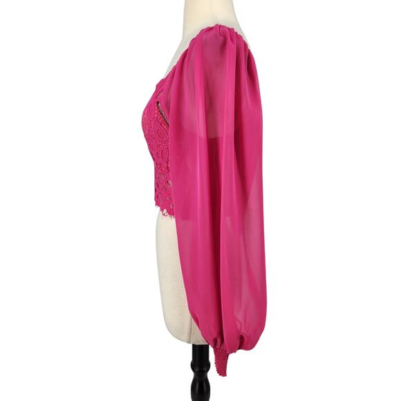 Flying Tomato Lace Crop Top – Hot Pink Sheer Long Sleeve with Smocked Back - Picture 3 of 7